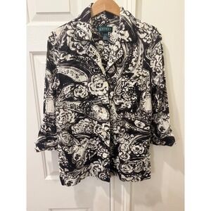 Lauren Ralph Lauren Womens Pajama Top Black White Paisley Cotton Sleep Shirt S